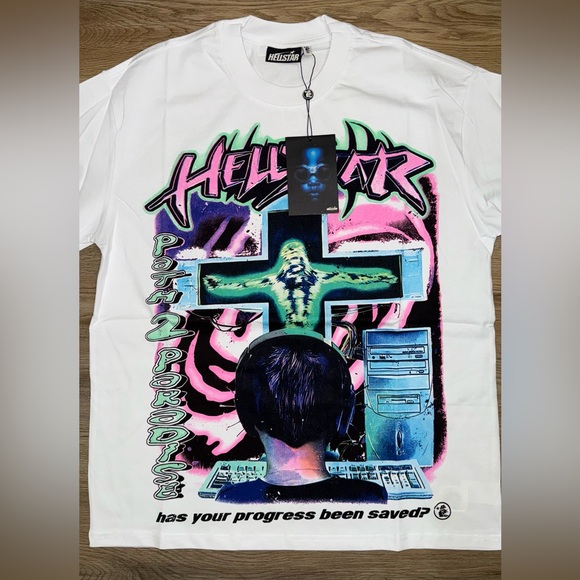 White Hellatar Graphic T-Shirt with Neon Design - Picture 1 of 2